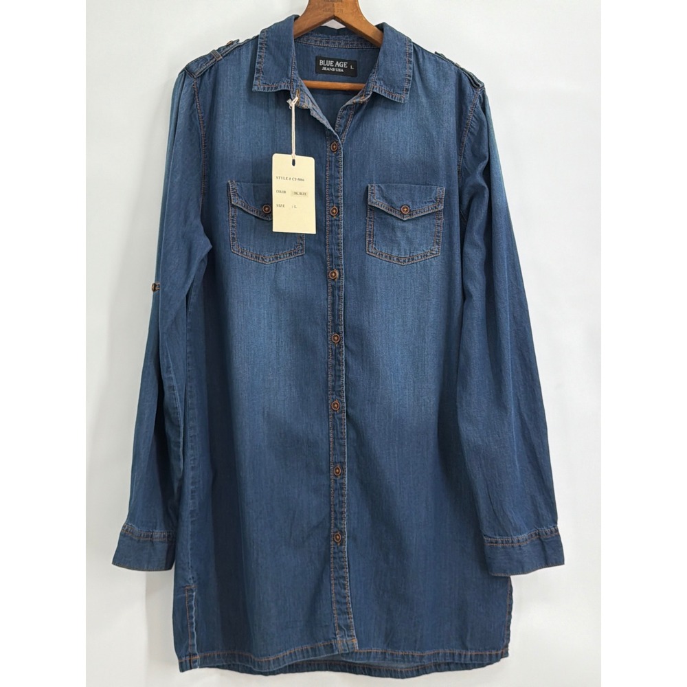 Blue Age Jeans USA Denim Shirt Dress Dark Blue Cotton Long Sleeve CT-5004 Large